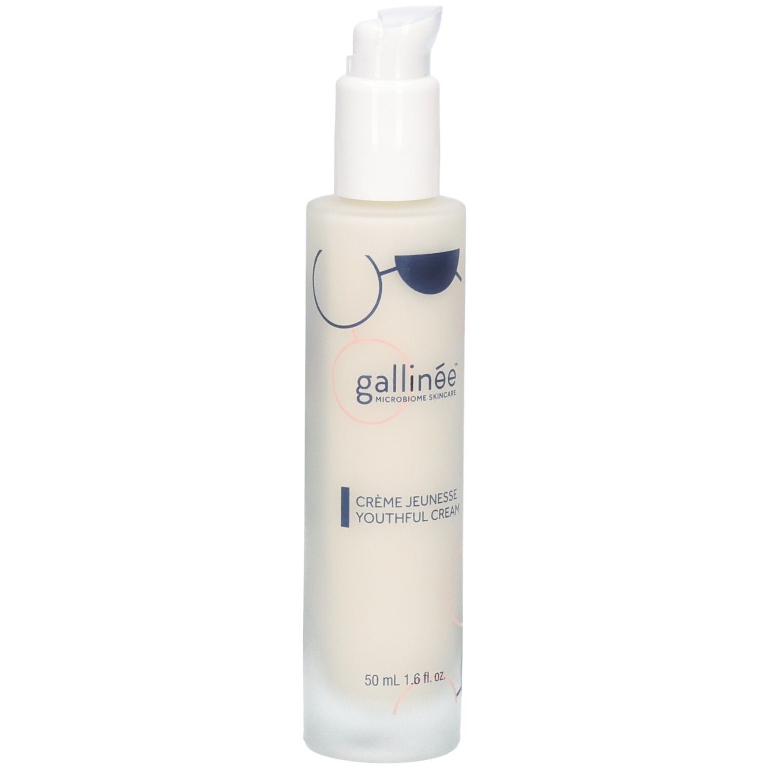 Flacon de crème et emballage. Inscription : gallinée, Crème Jeunesse Youthful Cream. 50 ml.