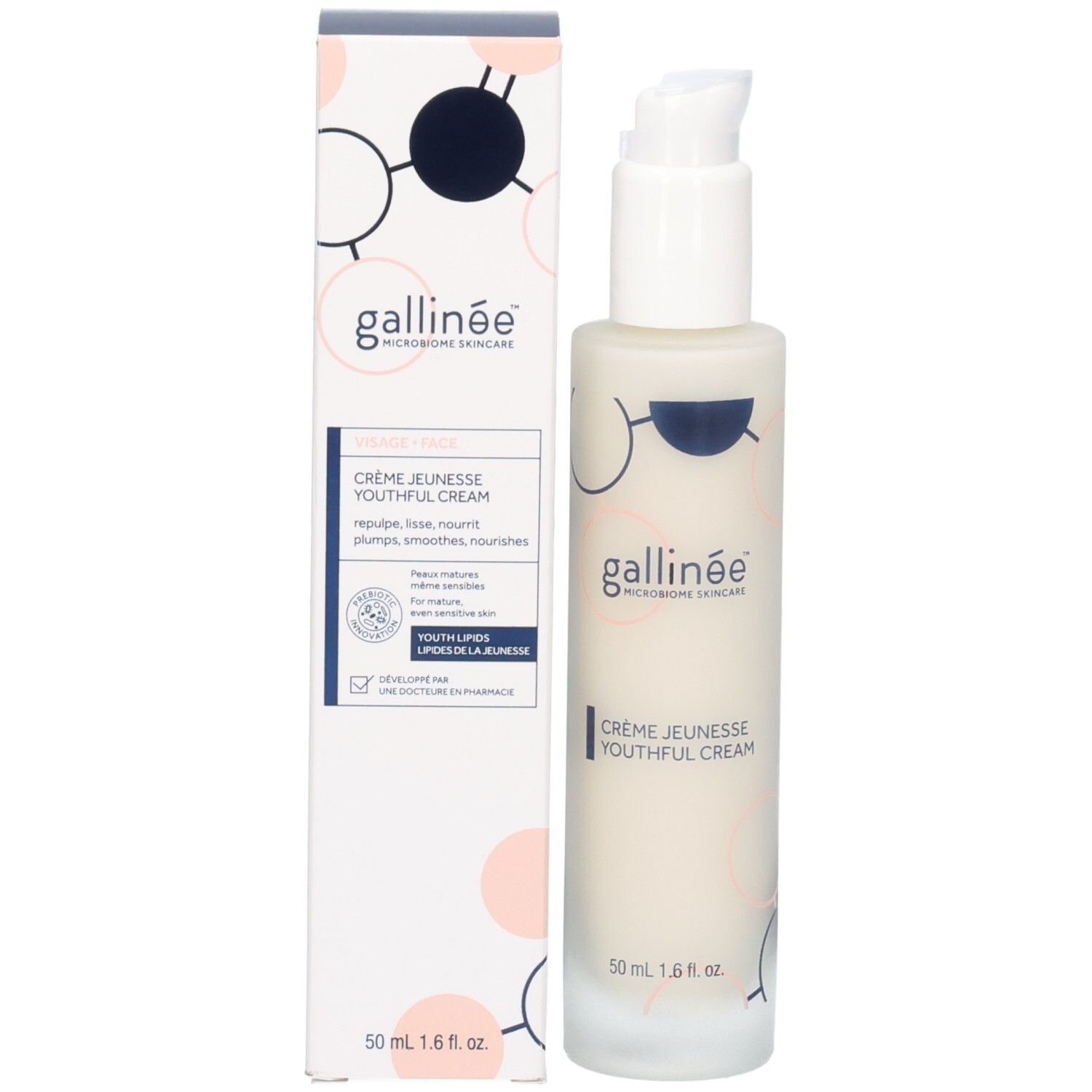 Emballage. Inscription : gallinée, Crème Jeunesse Youthful Cream. Texte : Repulpe, lisse, nourrit.