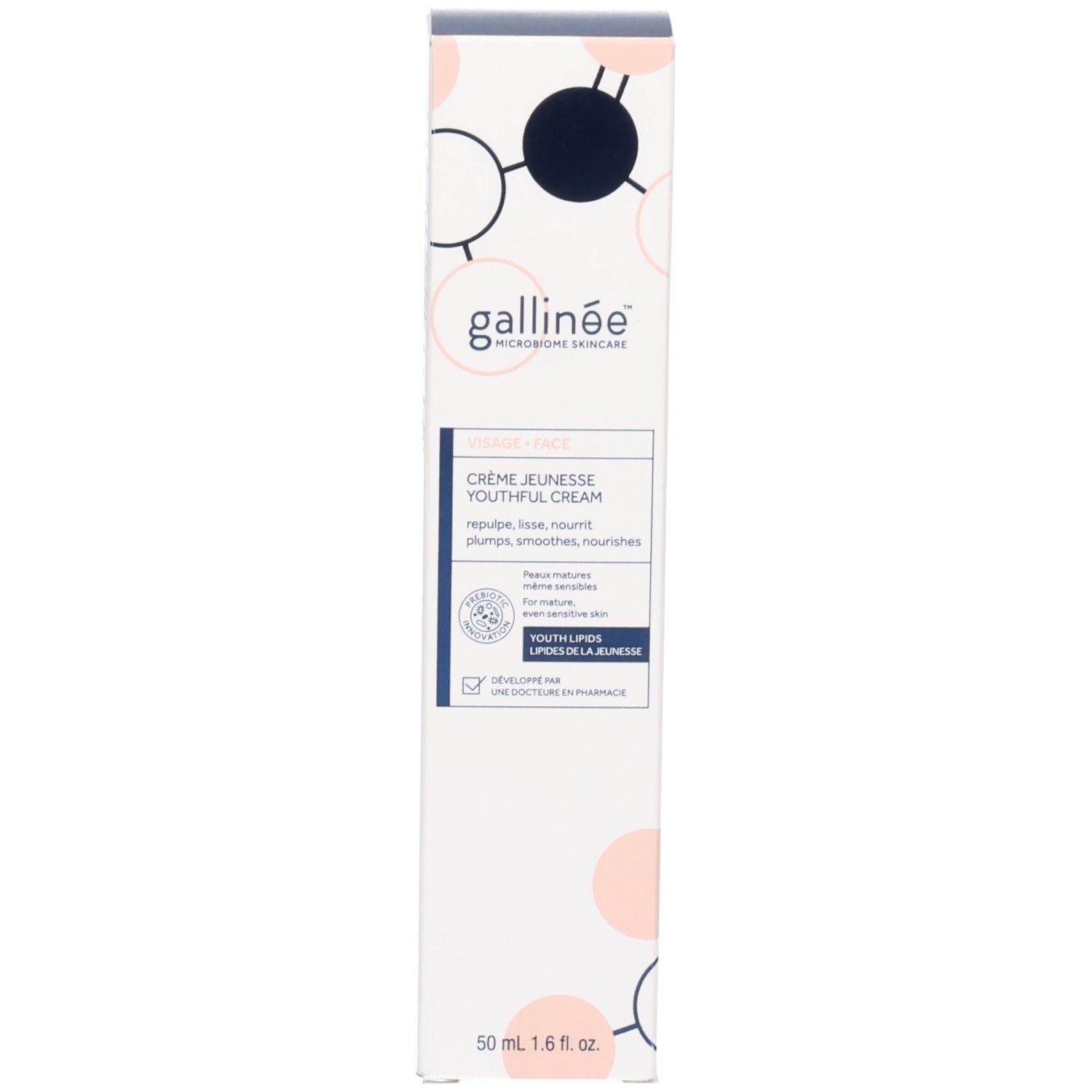 Flacon de crème et emballage. Inscription : gallinée, Crème Jeunesse Youthful Cream. 50 ml.