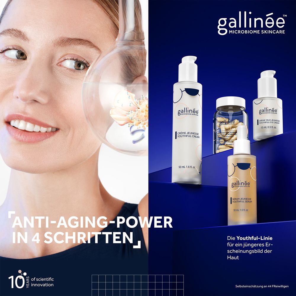 Femme avec produits. Produits : crème, sérum, gélules. Texte : Anti-âge en 4 étapes.