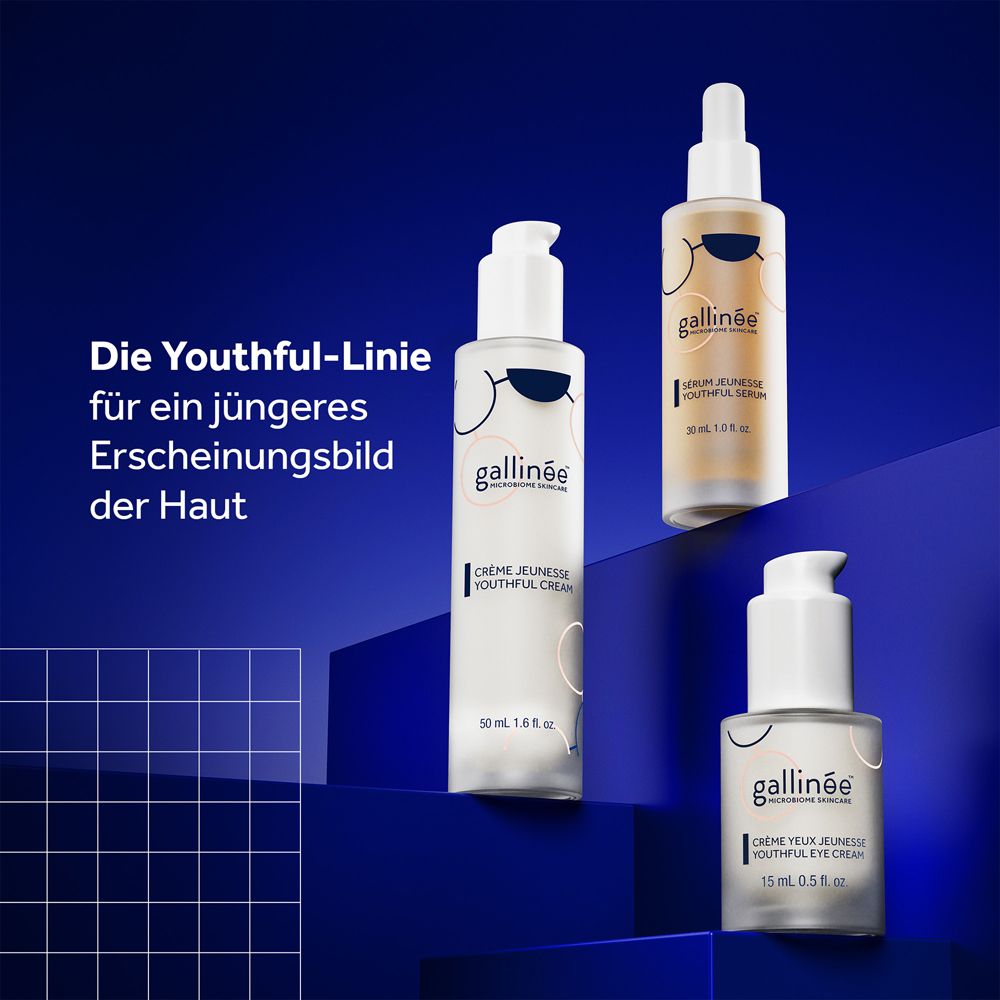 Trois produits. Crème, sérum, crème yeux. Texte : La ligne Youthful pour une peau plus jeune.