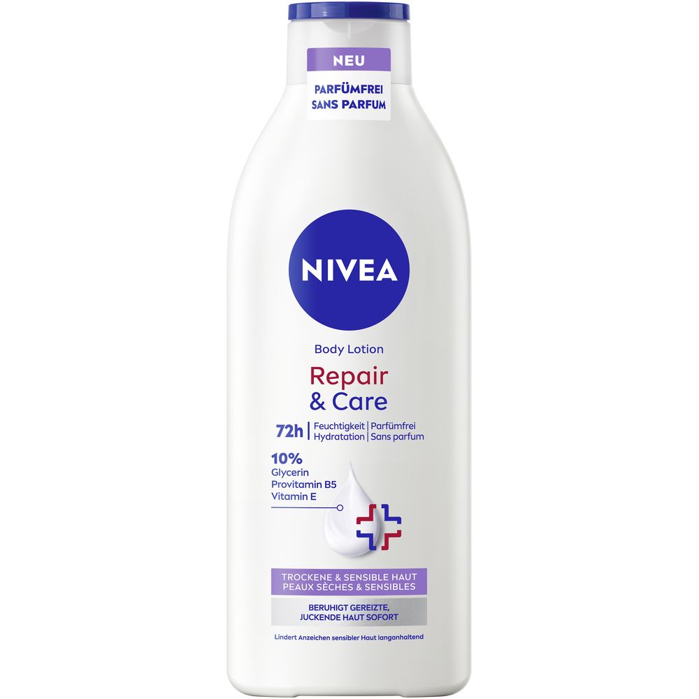 Flacon blanc avec bouchon bleu. Inscription : NIVEA, Body Lotion, Repair & Care, 72h Hydratation, 10% Glycérine, Provitamine B5, Vitamine E.