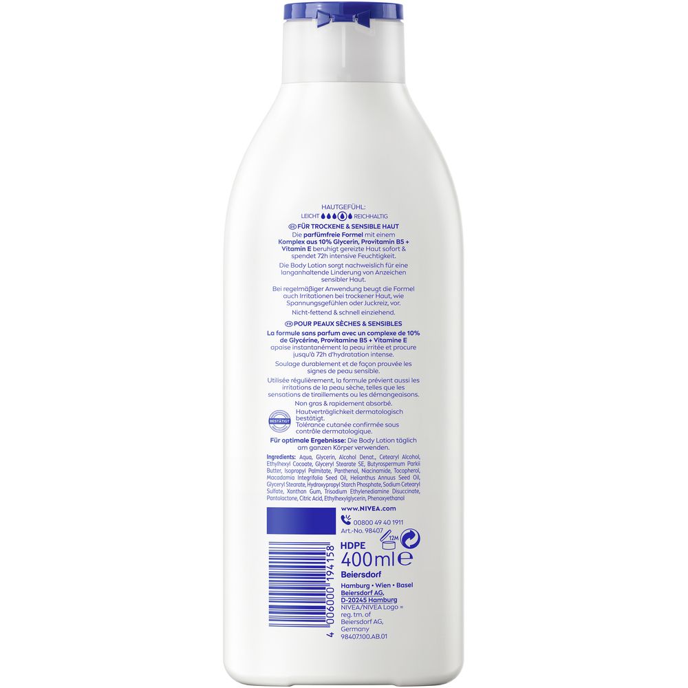 Dos du flacon blanc. Contient des informations sur les ingrédients et le fabricant. Code-barres et indication de volume : 400 ml.