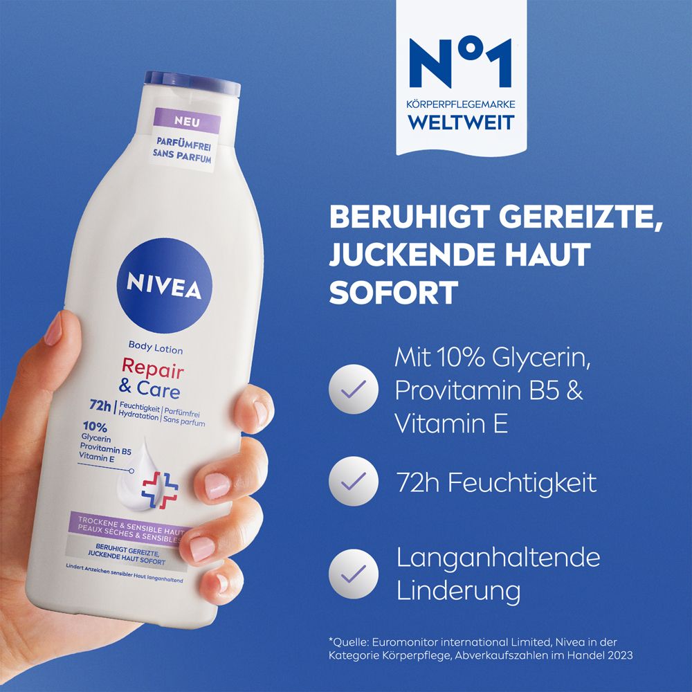 Main tenant un flacon. Texte : Apaise immédiatement les peaux irritées et qui démangent. Avec 10% de glycérine, provitamine B5 et vitamine E.