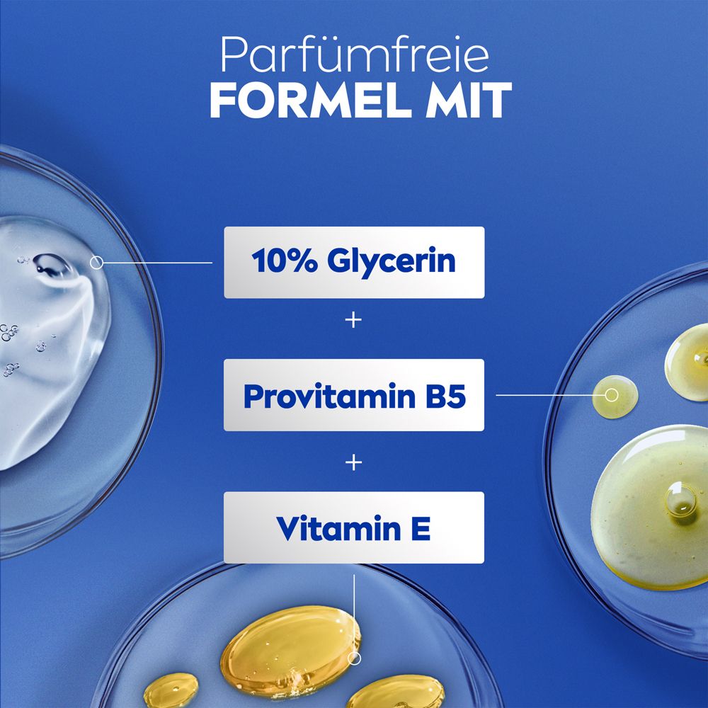 Trois gouttes transparentes sur fond bleu. Texte : 10% Glycérine, Provitamine B5, Vitamine E.
