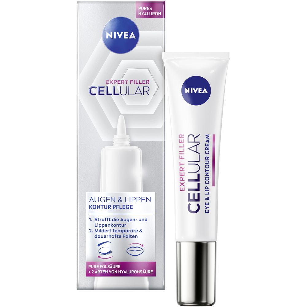 NIVEA CELLULAR Expert Filler Soin Contour Yeux & Lèvres tube et boîte.