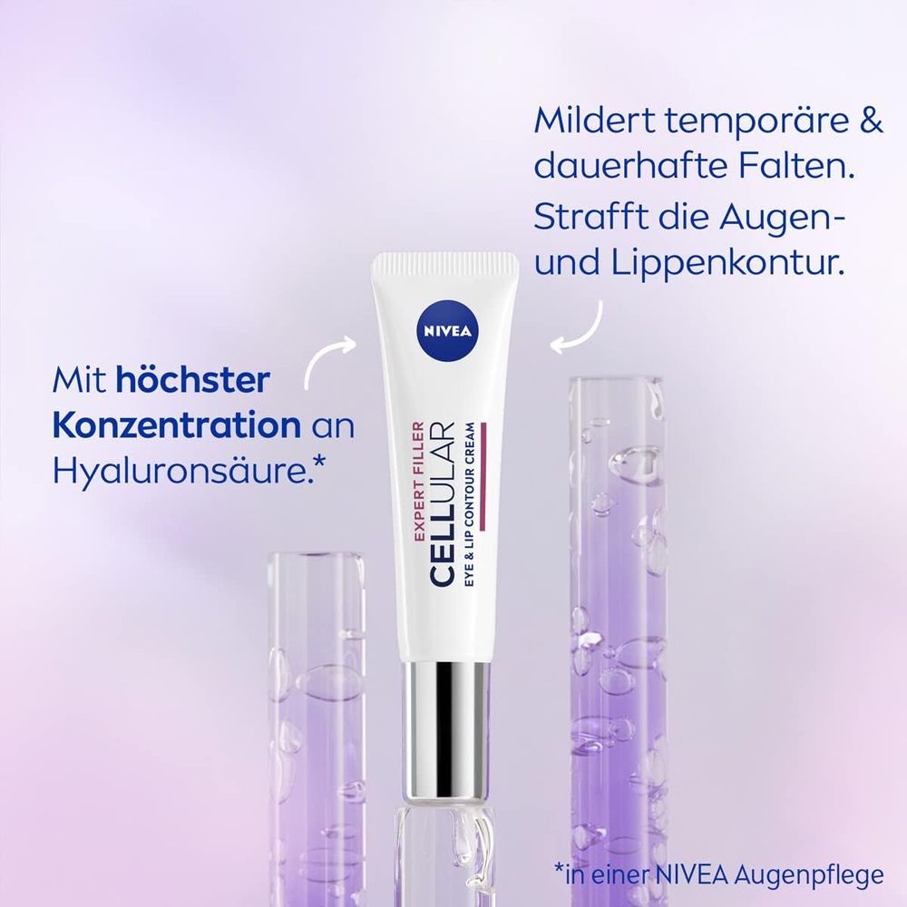 Tube NIVEA CELLULAR Expert Filler Contour Yeux & Lèvres avec représentation d'acide hyaluronique.