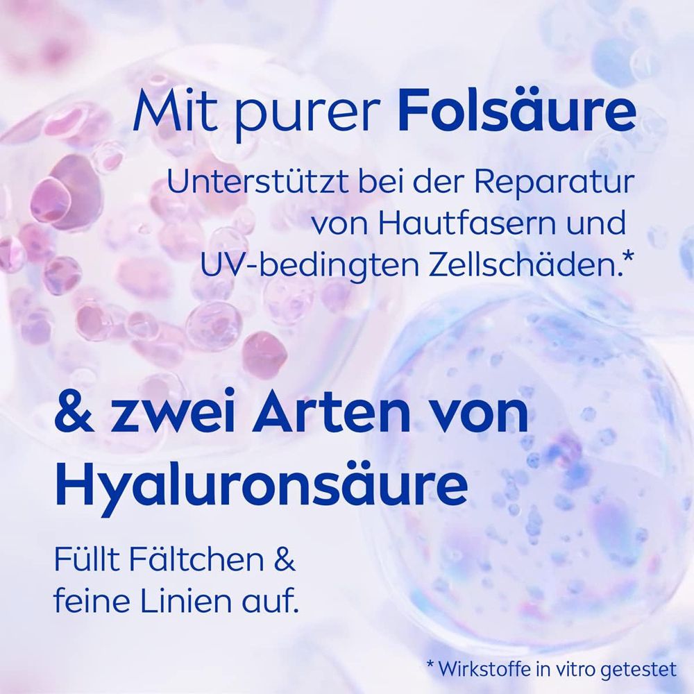 Représentation d'acide folique pur et deux types d'acide hyaluronique dans le soin NIVEA CELLULAR.