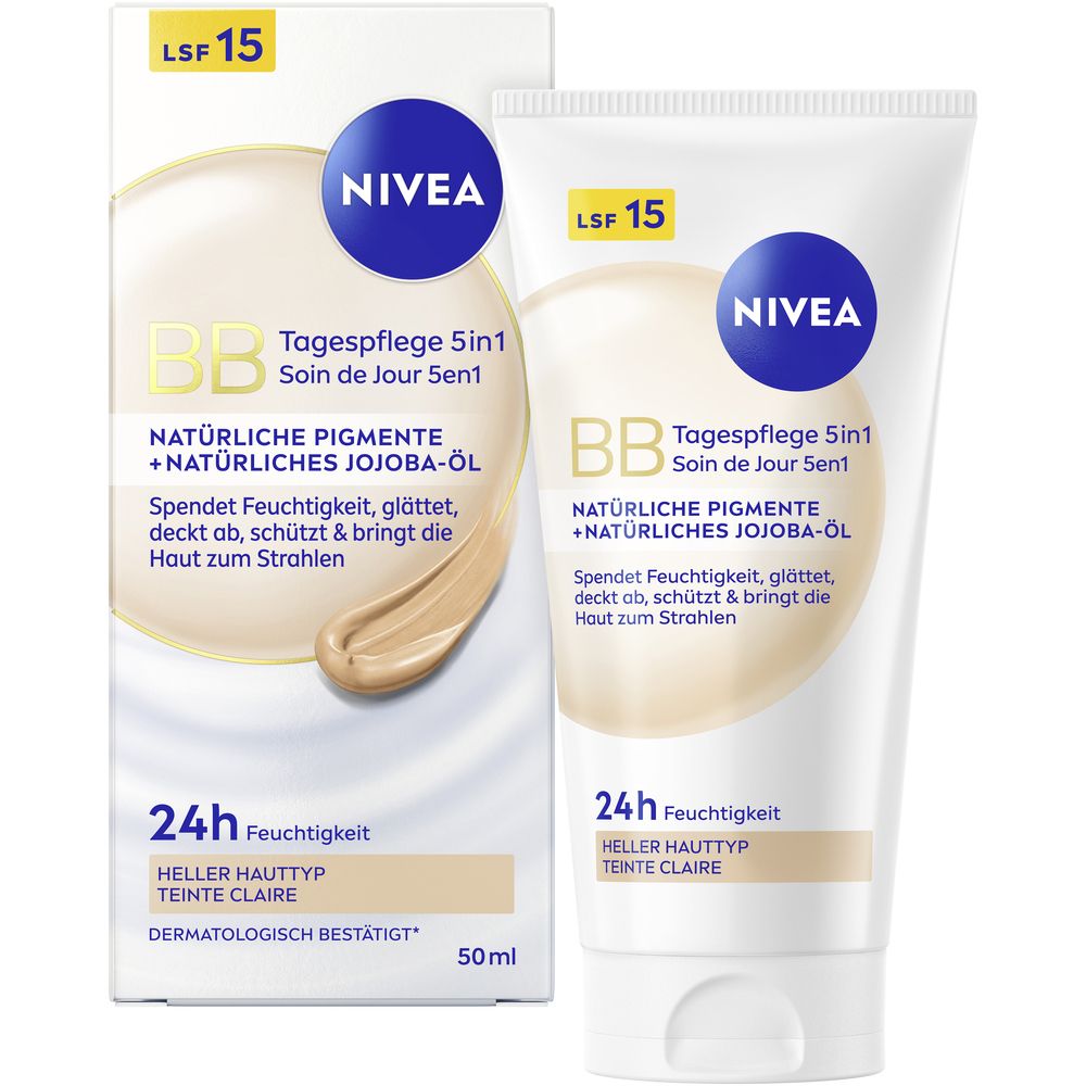 NIVEA BB Soin de Jour 5en1, tube et emballage. Teinte claire. FPS 15. Pigments naturels et huile de jojoba.