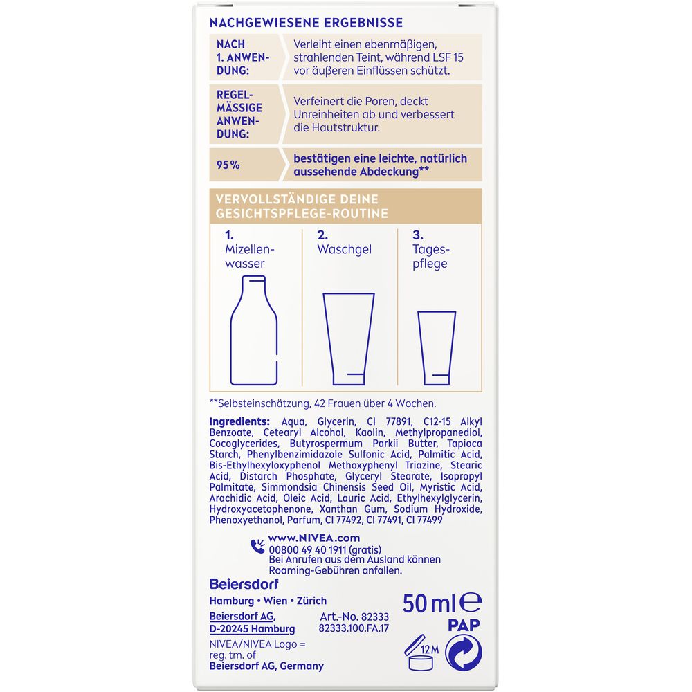 Dos de l'emballage NIVEA BB Soin de Jour 5en1. Ingrédients, instructions et informations du fabricant.