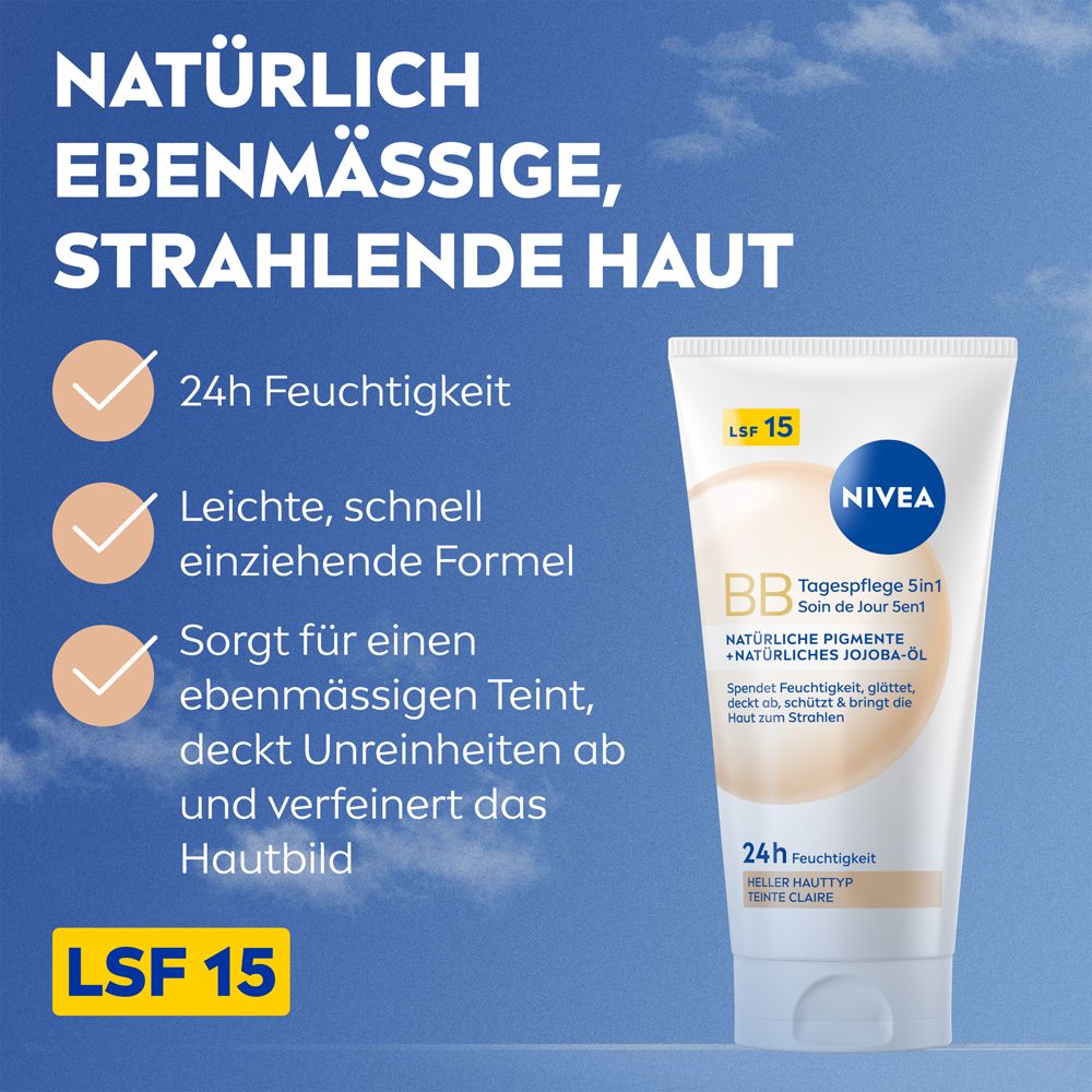 Tube NIVEA BB Soin de Jour 5en1. Texte : Pigments naturels + huile de jojoba. FPS 15. Pour une peau éclatante.