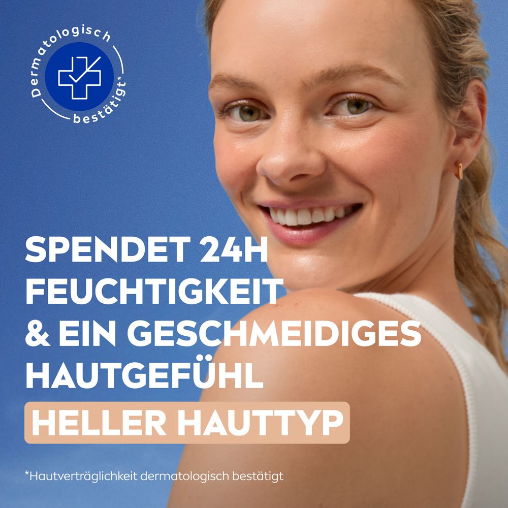 Femme avec une peau éclatante. Texte : Hydratation 24h et une peau douce. Teinte claire.