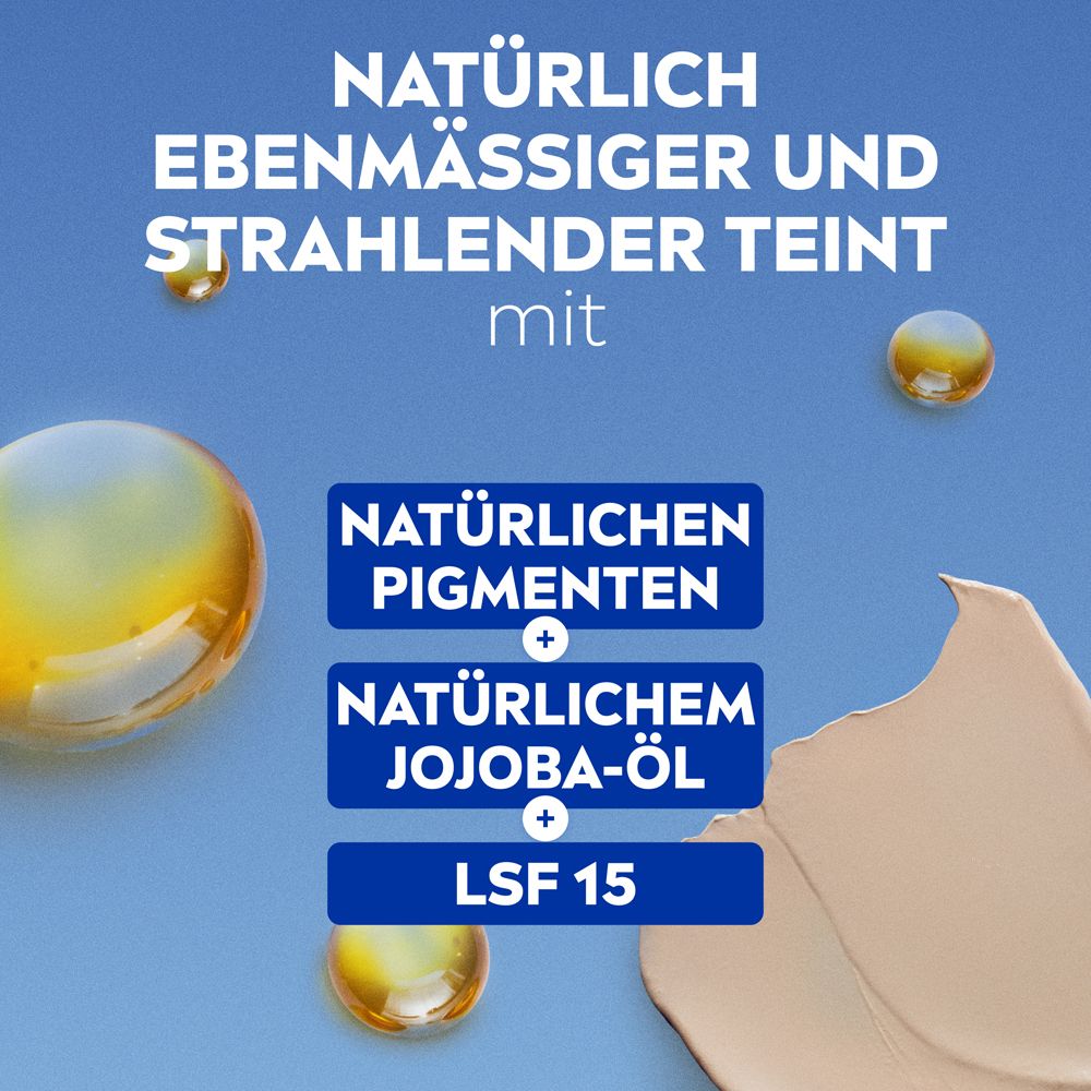 Texte : Pigments naturels + huile de jojoba. FPS 15. Pour un teint uniforme et éclatant.