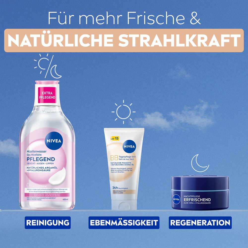 Trois produits NIVEA : eau micellaire, BB Soin de Jour 5en1, soin de nuit. Pour plus de fraîcheur et d'éclat.