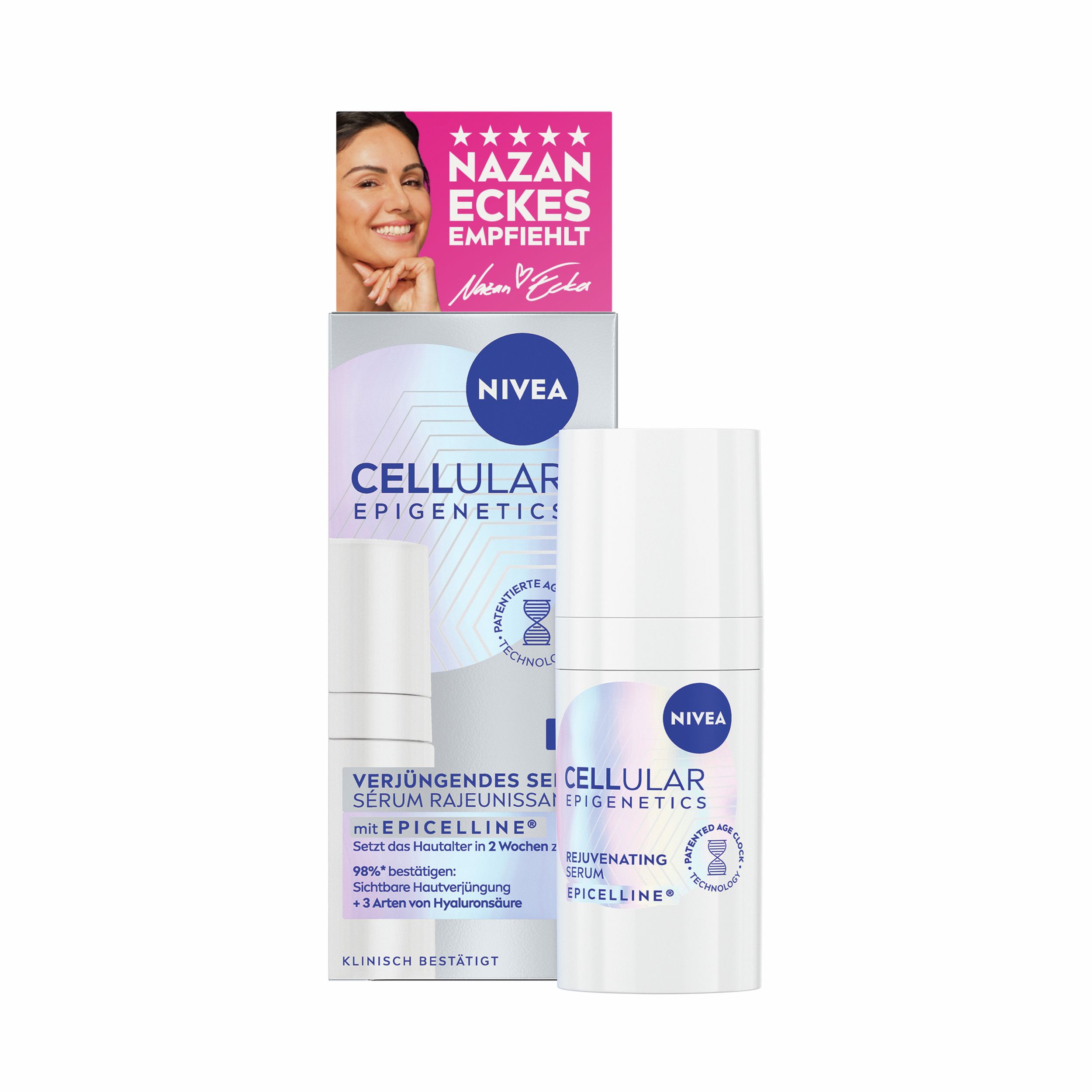 Sérum NIVEA CELLULAR Epigenetics et emballage. Flacon et boîte avec informations produit et Nazan Eckes.