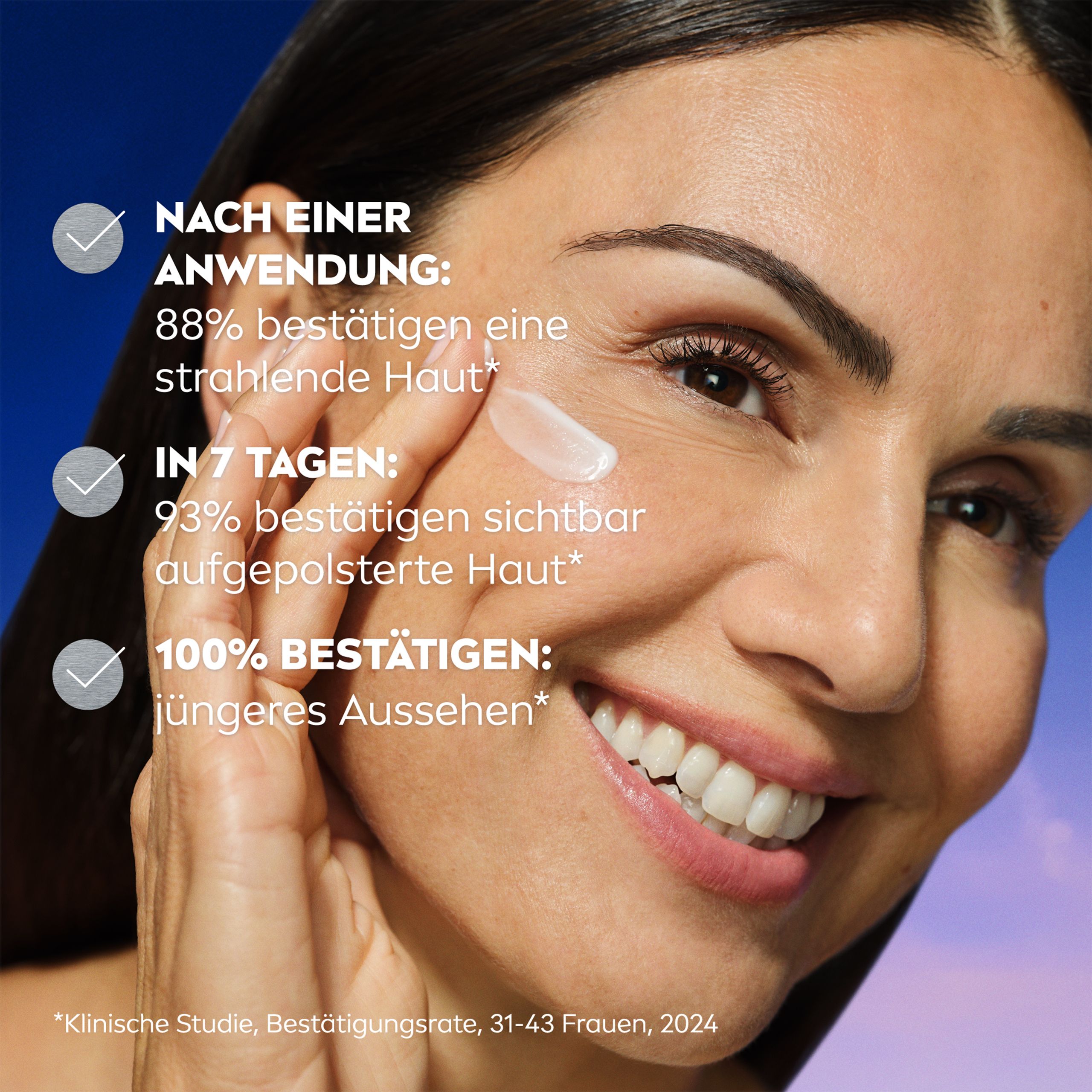 Femme avec peau. Texte : Après une application : 88% confirment une peau éclatante. En 7 jours : 93% confirment.