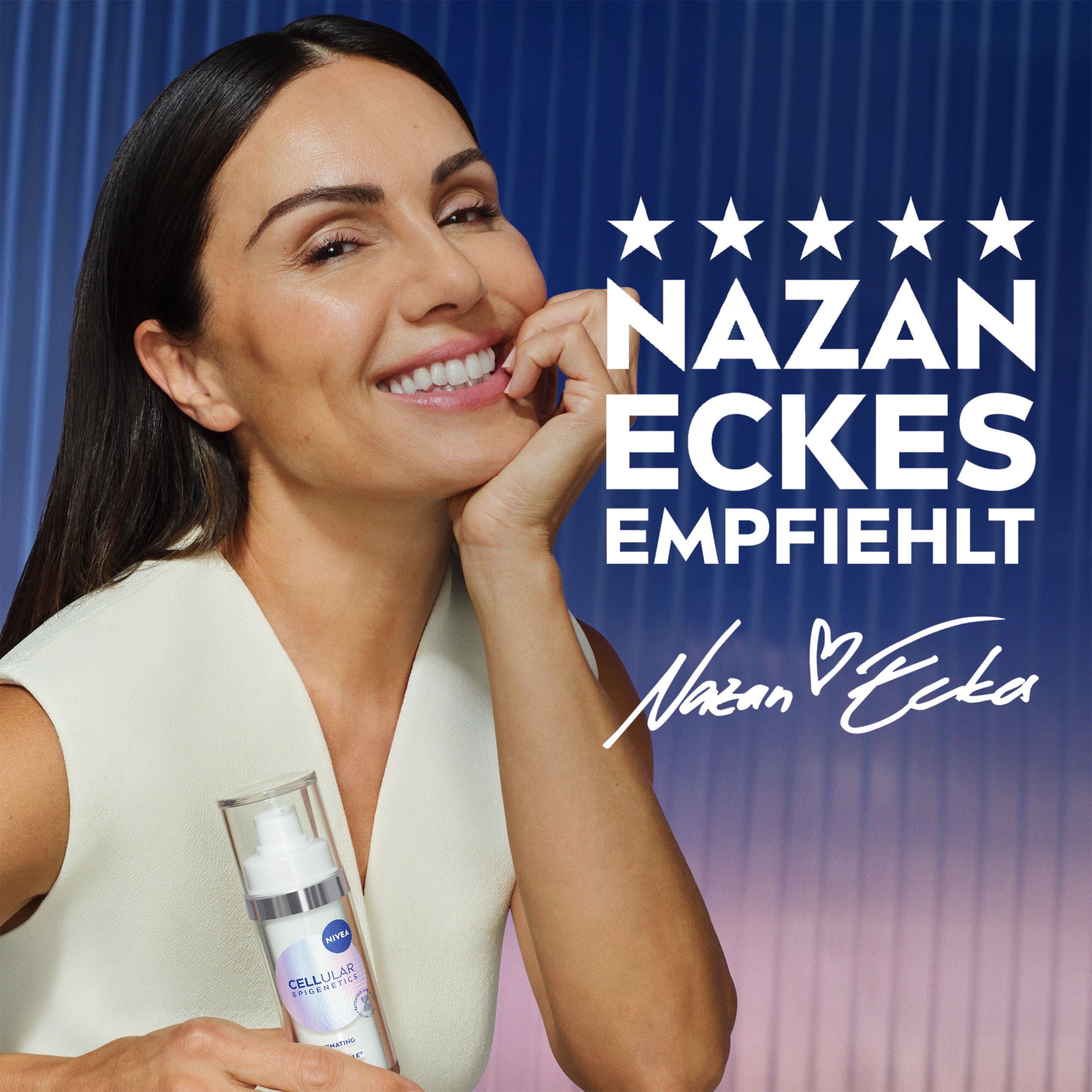 Femme avec flacon de sérum. Texte : Nazan Eckes recommande. Étoiles.