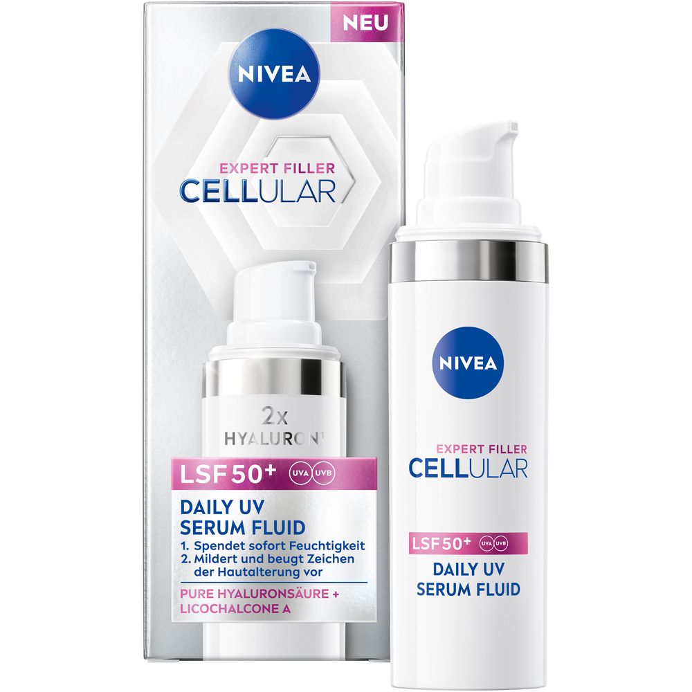 Sérum fluide NIVEA CELLULAR Expert Filler UV quotidien FPS 50+ avec pompe et emballage.