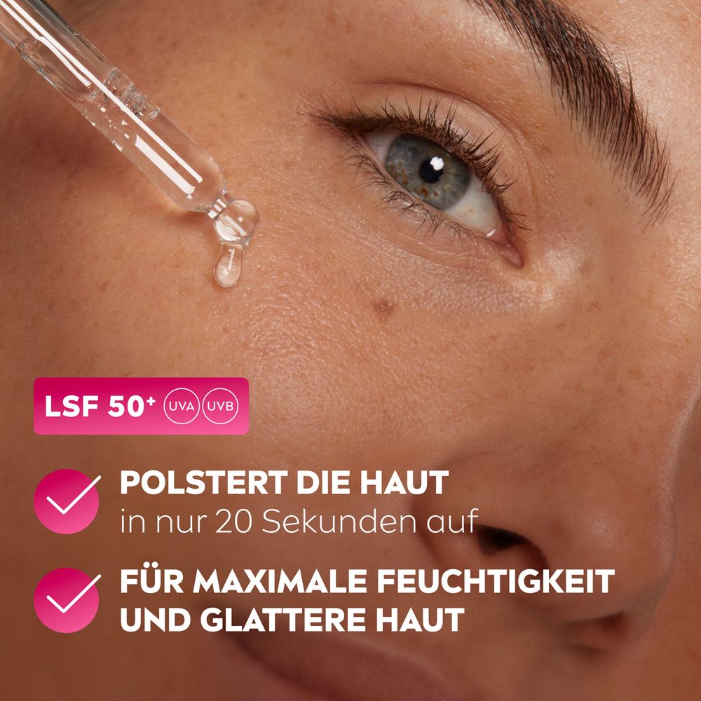 Sérum fluide NIVEA CELLULAR Expert Filler FPS 50+ appliqué sur la peau, avec texte sur l'effet repulpant.