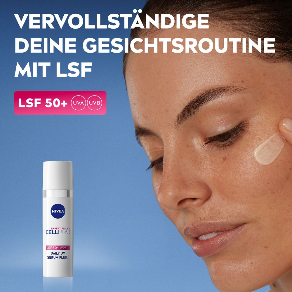 Sérum fluide NIVEA CELLULAR Expert Filler FPS 50+ appliqué sur le visage d'une femme.