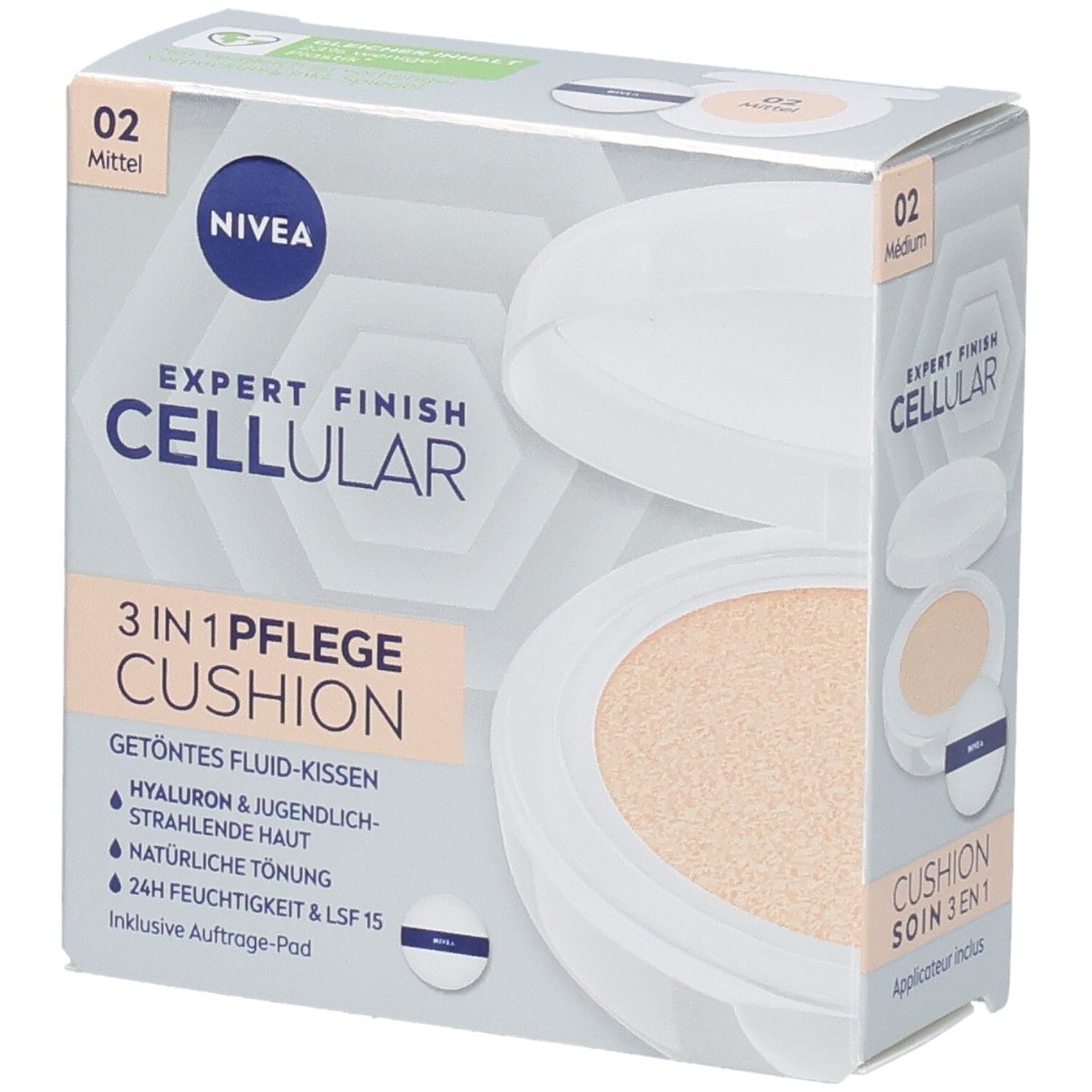 NIVEA CELLULAR Expert Finish 3in1 Pflege Cushion Mittel. Boîte avec produit et applicateur. Teinte 02 Mittel. Applicateur inclus.
