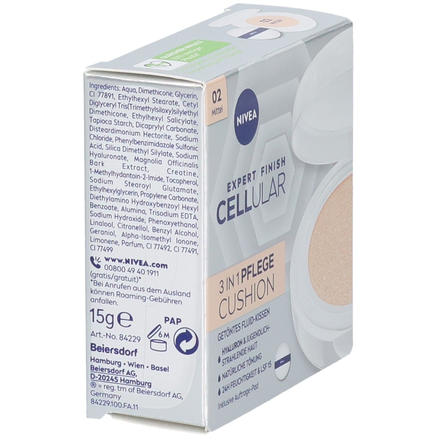 NIVEA CELLULAR Expert Finish 3in1 Pflege Cushion Mittel. Boîte avec ingrédients et informations. Teinte 02 Mittel. 15g.