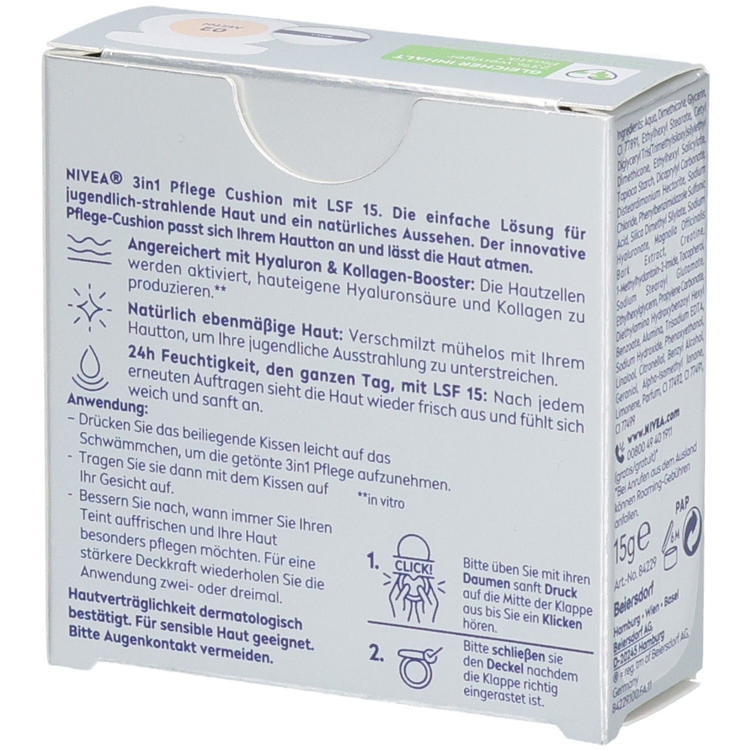 NIVEA CELLULAR Expert Finish 3in1 Pflege Cushion Mittel. Boîte avec informations produit. Teinte 02 Mittel. Instructions et ingrédients.