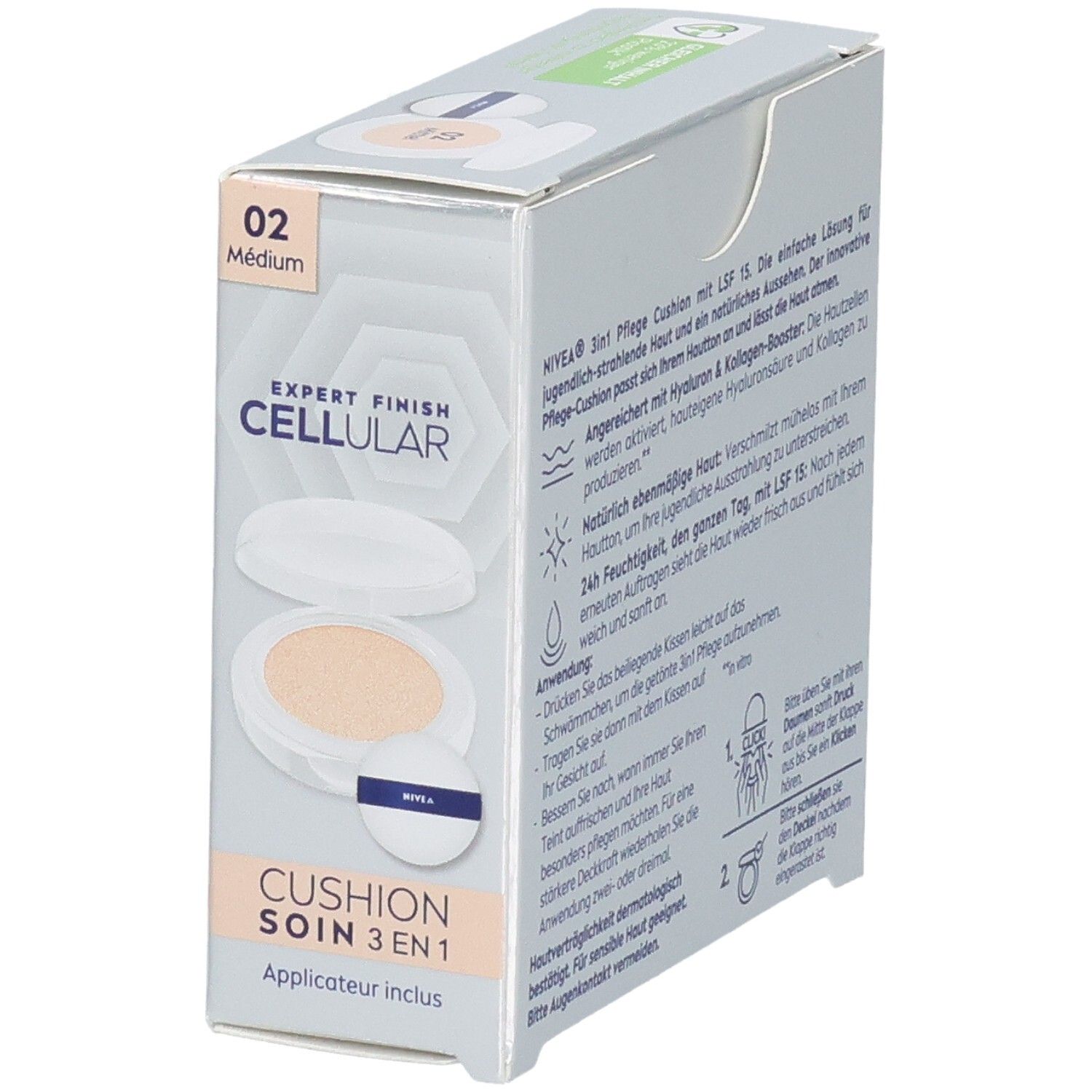 NIVEA CELLULAR Expert Finish 3in1 Pflege Cushion Mittel. Boîte avec produit et applicateur. Teinte 02 Medium. Applicateur inclus.