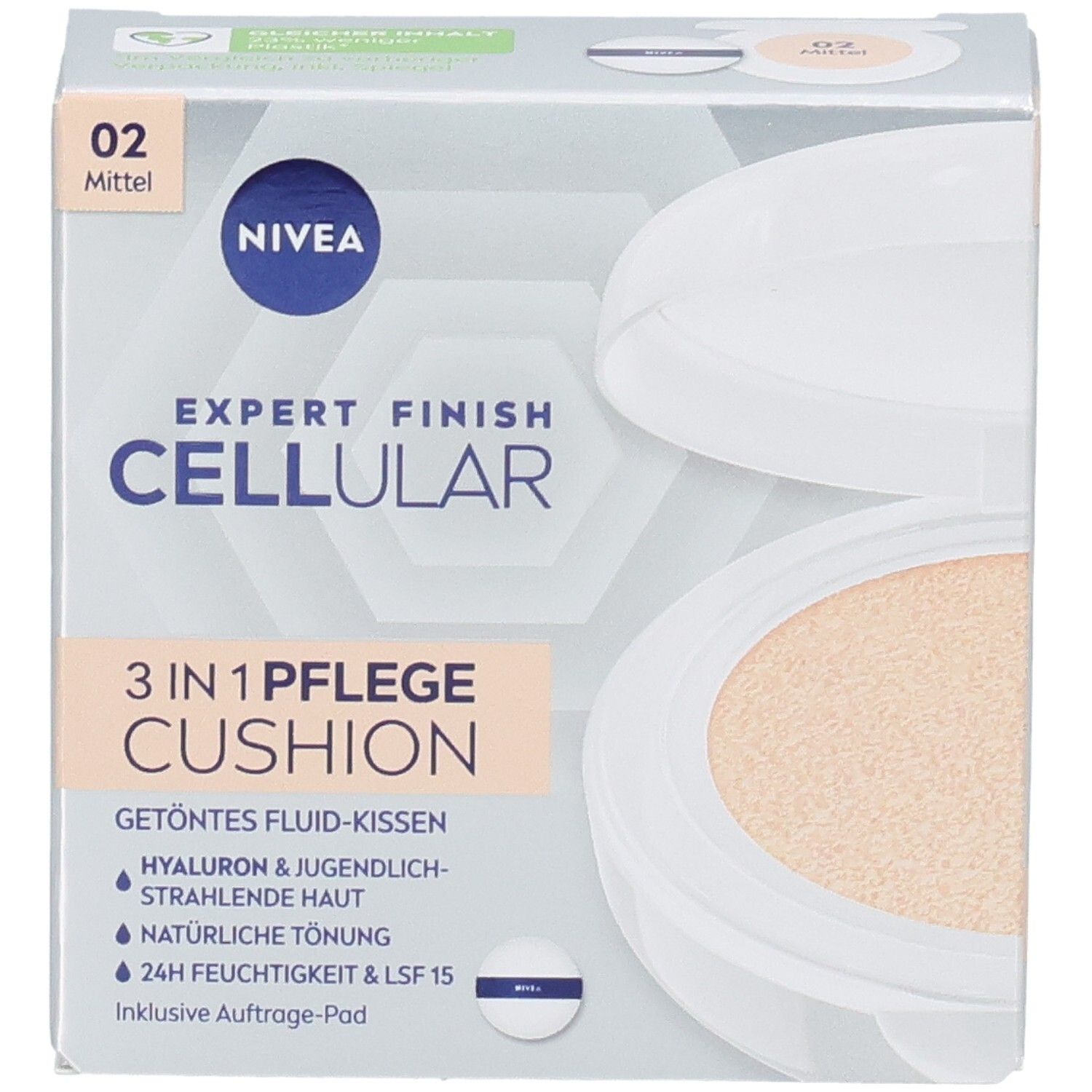 NIVEA CELLULAR Expert Finish 3in1 Pflege Cushion Mittel. Boîte avec produit et applicateur. Teinte 02 Mittel. Applicateur inclus.