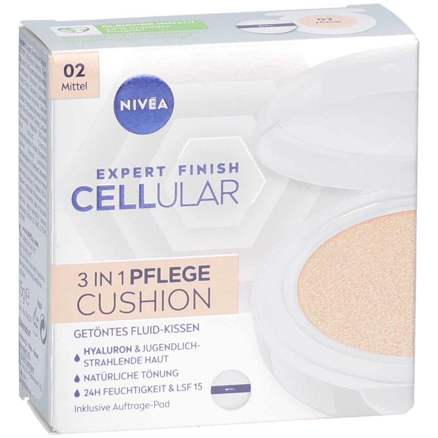 NIVEA CELLULAR Expert Finish 3in1 Pflege Cushion Mittel. Boîte avec produit et applicateur. Teinte 02 Mittel. Applicateur inclus.
