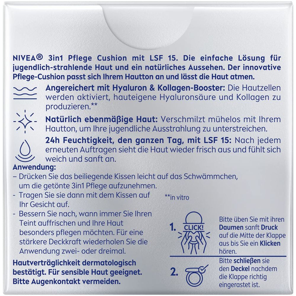 Arrière de l'emballage NIVEA CELLULAR Expert Finish 3in1 Pflege Cushion avec informations produit.