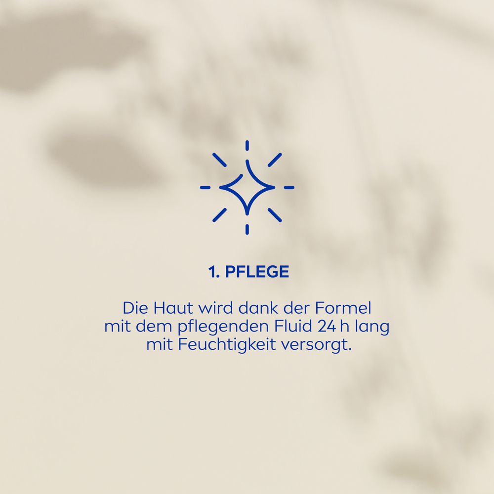 Symbole et texte : 1. SOIN. La peau est hydratée pendant 24h.