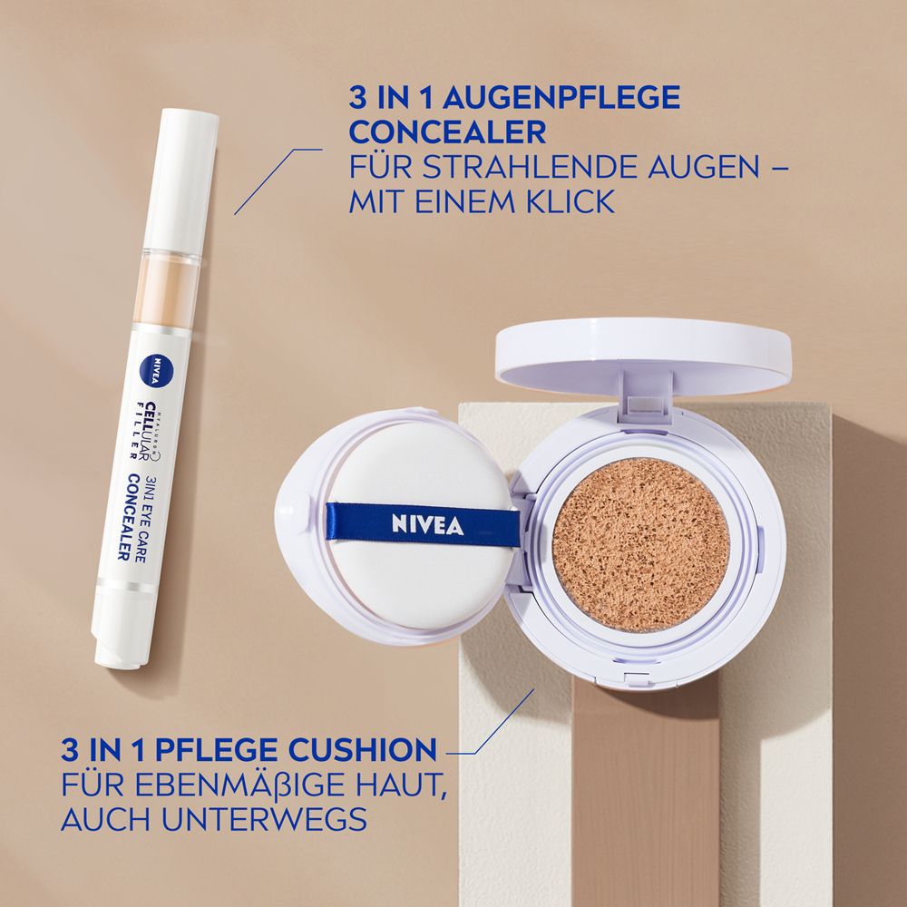 NIVEA CELLULAR Expert Finish 3in1 Pflege Cushion et un stylo correcteur soin des yeux.