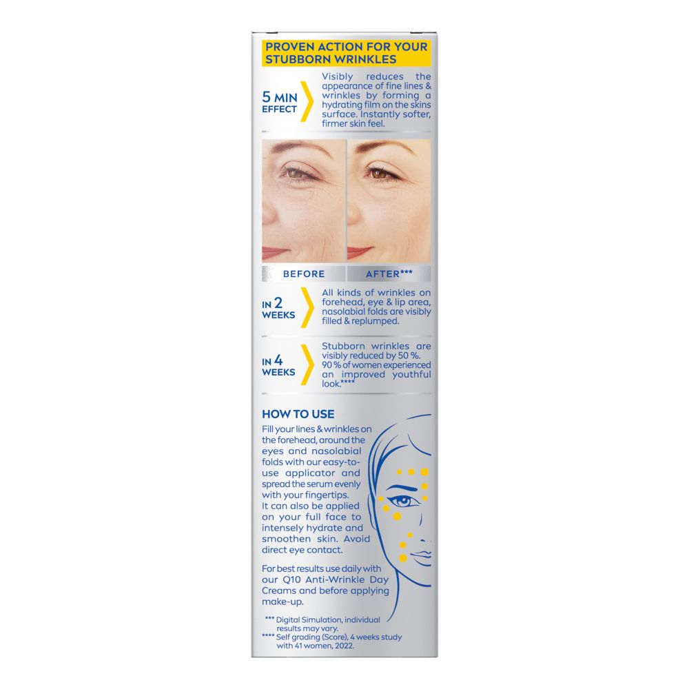 Arrière de l'emballage NIVEA Q10 Anti-Falten Experte avec instructions et images avant/après.