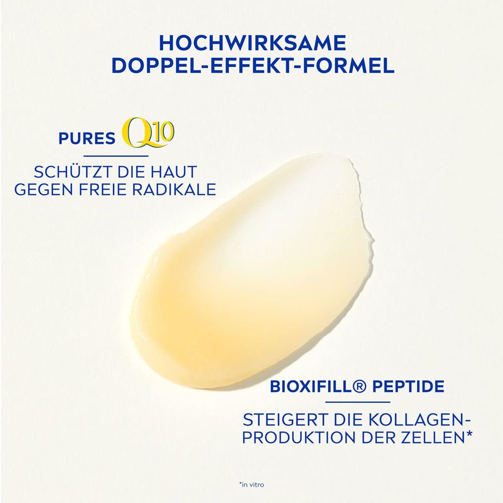 Échantillon de texture NIVEA Q10 Anti-Falten Experte avec indication Q10 et Bioxifill Peptide.