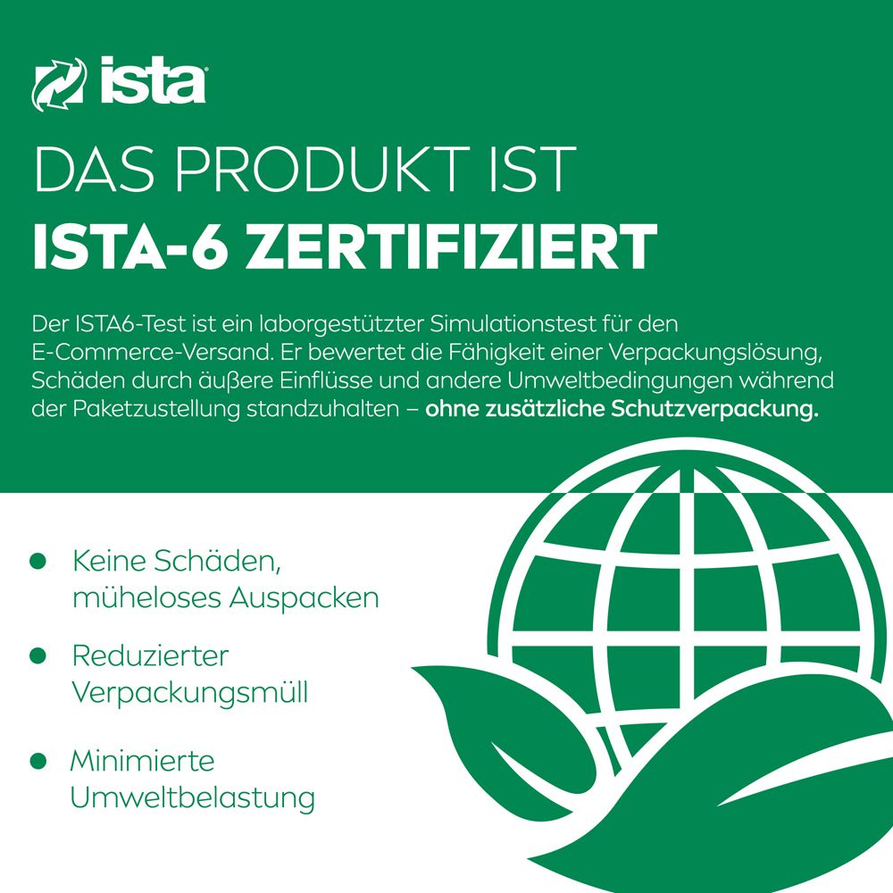Certification ISTA-6 pour le produit, soulignant l'emballage réduit et l'impact environnemental.