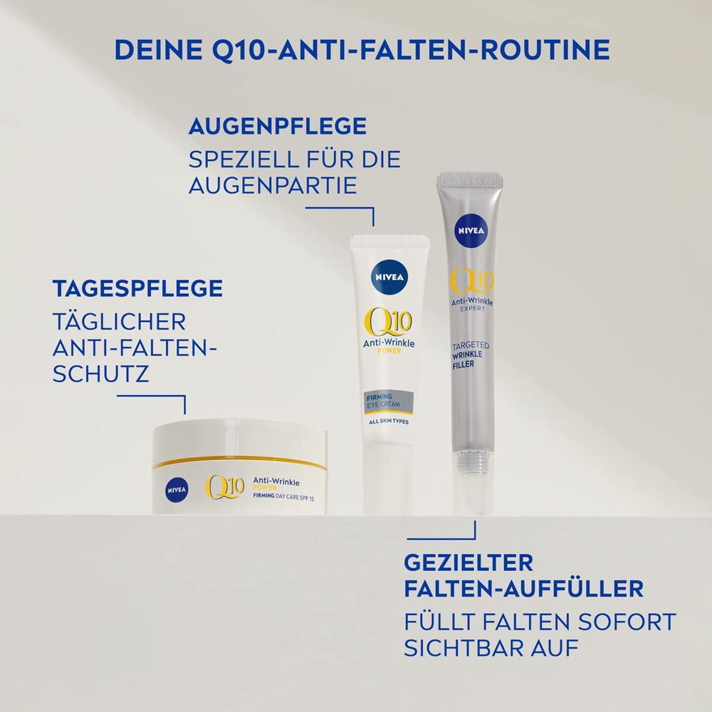 Routine NIVEA Q10 Anti-rides : soin des yeux, soin de jour et combleur de rides ciblé.