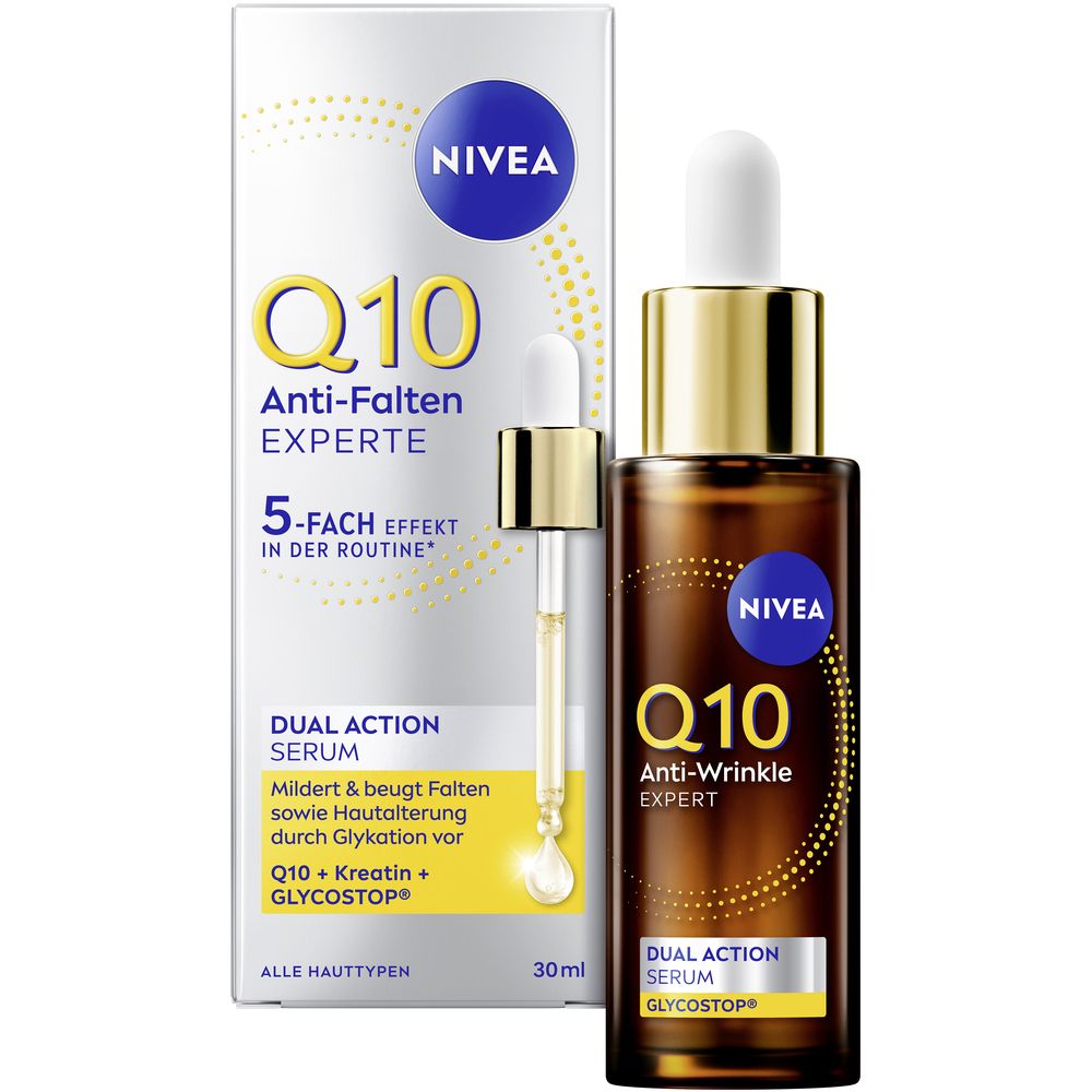 Sérum NIVEA Q10 Anti-rides EXPERTE Dual Action avec pipette et emballage.