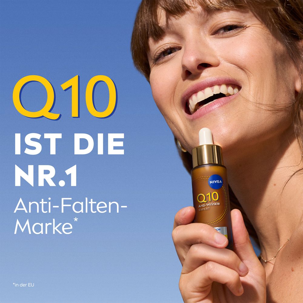 Flacon de sérum NIVEA Q10 Anti-Wrinkle Expert avec pipette, verre brun.