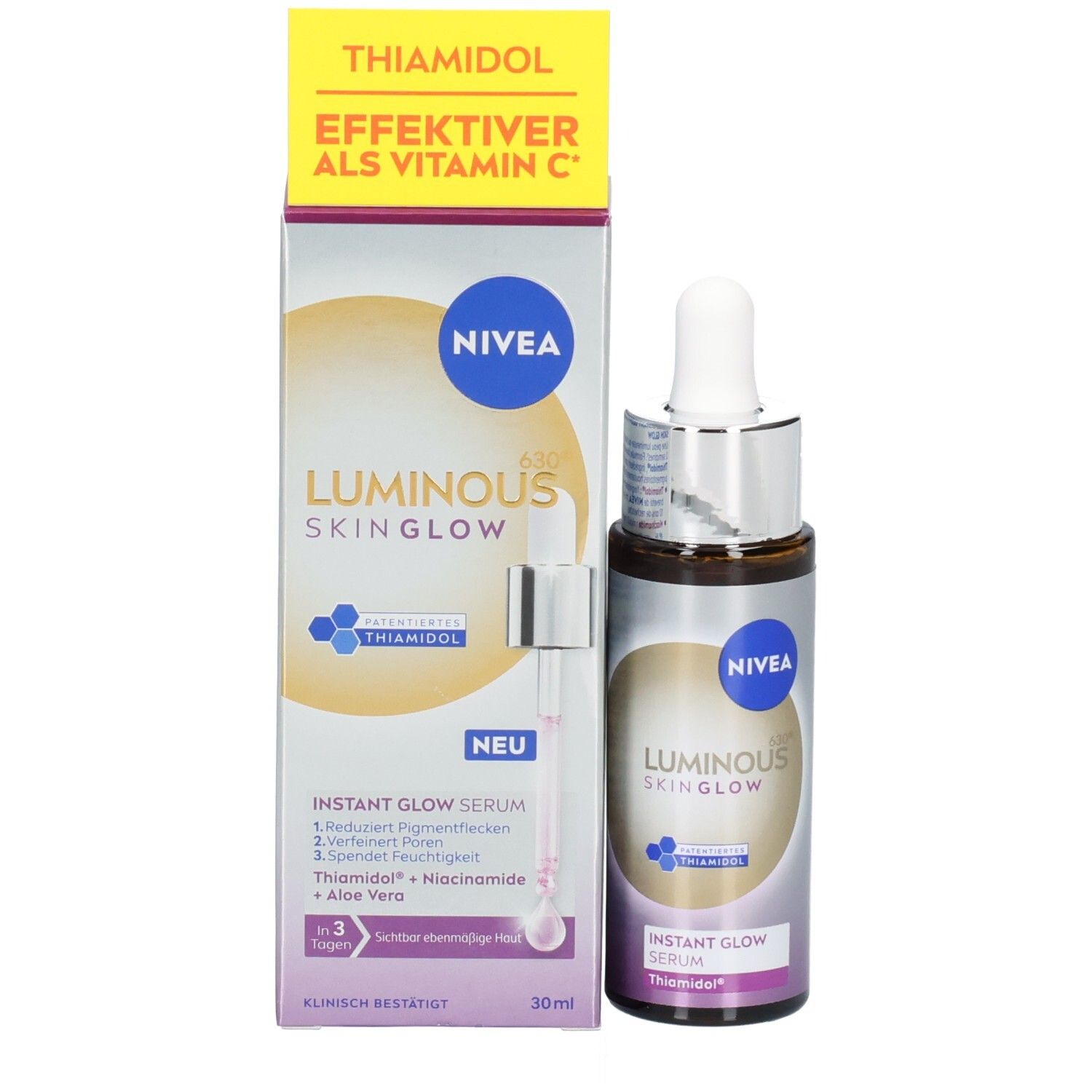 Emballage du produit avec flacon et boîte. Flacon avec pipette, boîte avec nom du produit et logo.