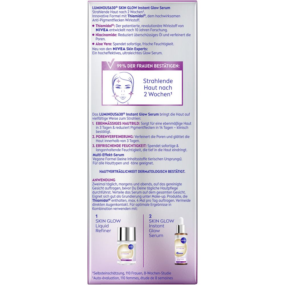 Arrière de l'emballage du sérum NIVEA LUMINOUS630® Instant Glow avec informations produit.