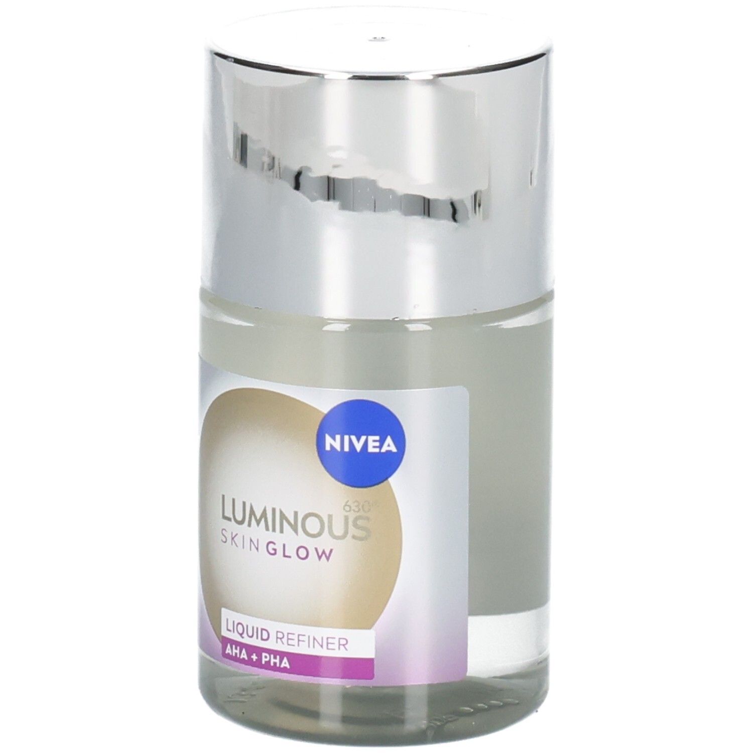 Raffineur liquide avec bouchon argenté. Étiquette NIVEA, LUMINOUS SKIN GLOW et AHA+PHA. Verre clair.