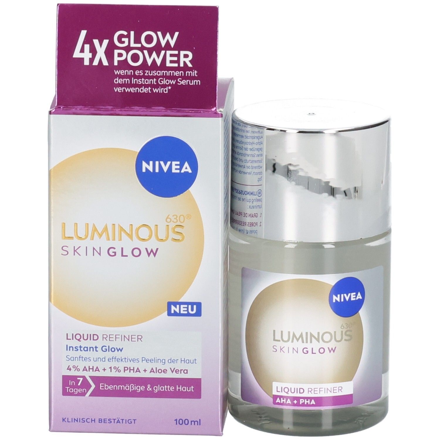 Produit et emballage. NIVEA LUMINOUS SKIN GLOW Liquid Refiner et carton. 100ml.