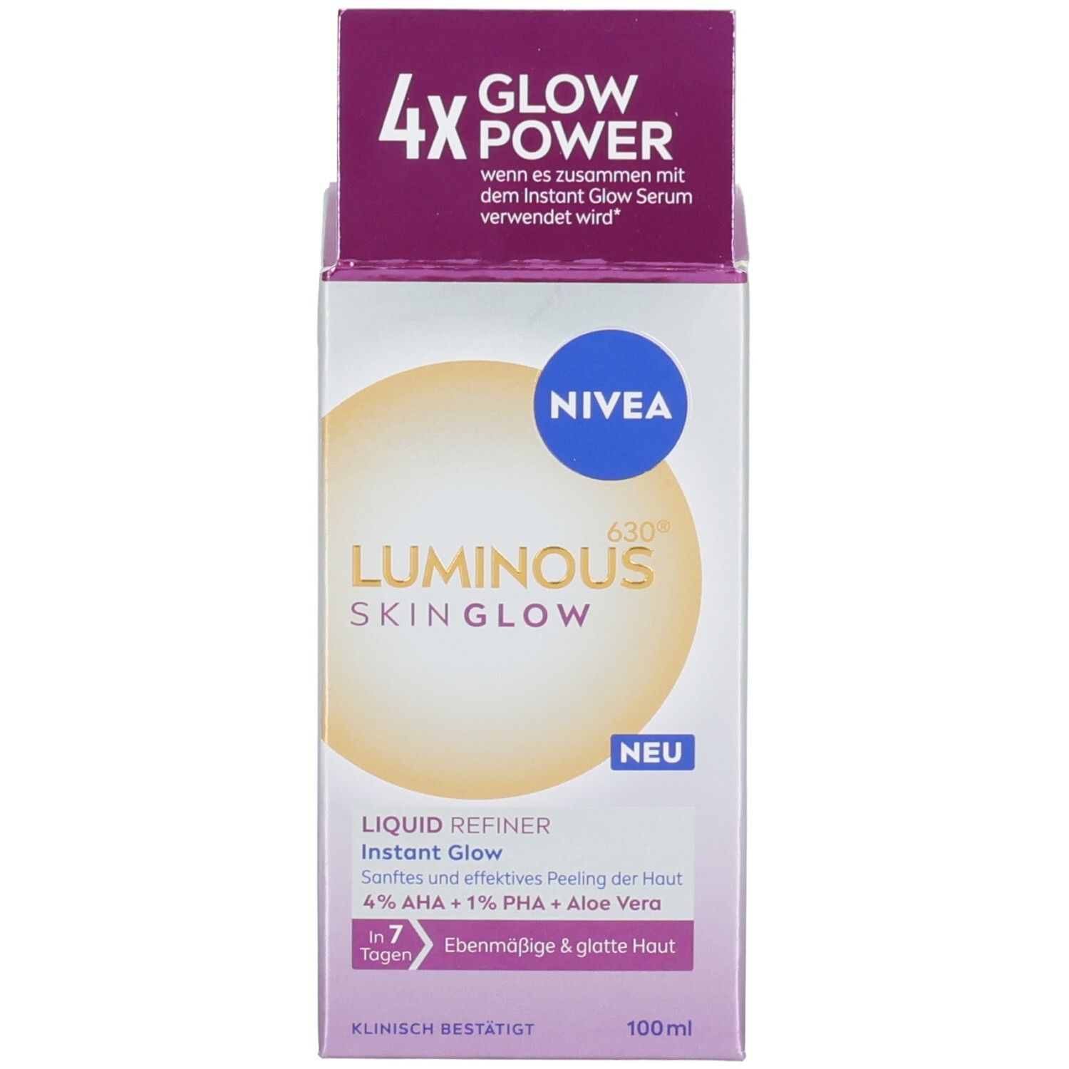 Emballage du produit. NIVEA LUMINOUS SKIN GLOW Liquid Refiner. Carton avec texte et 100ml.