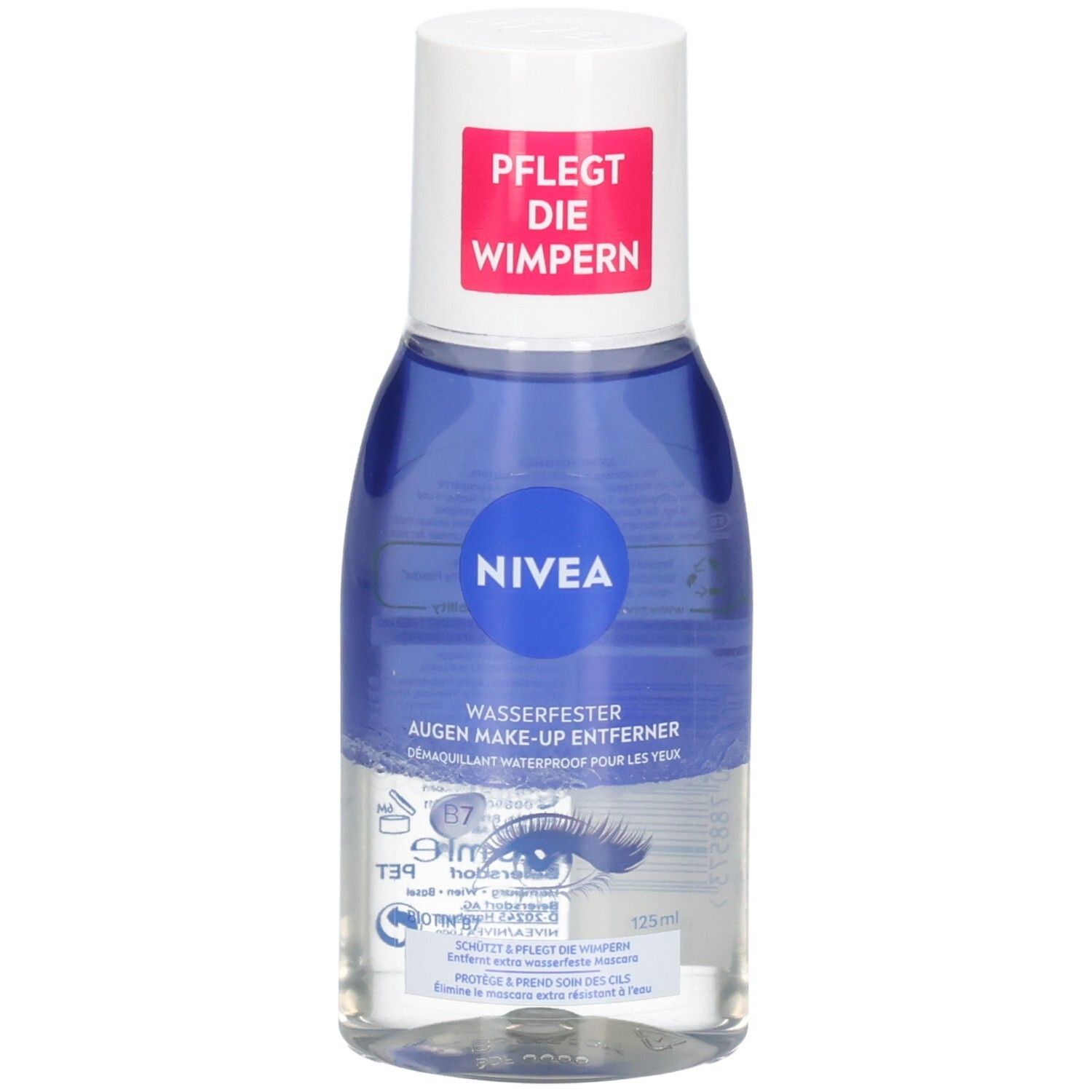 Démaquillant pour les yeux NIVEA. Liquide bleu dans flacon transparent, bouchon blanc. Étiquette rouge avec texte.