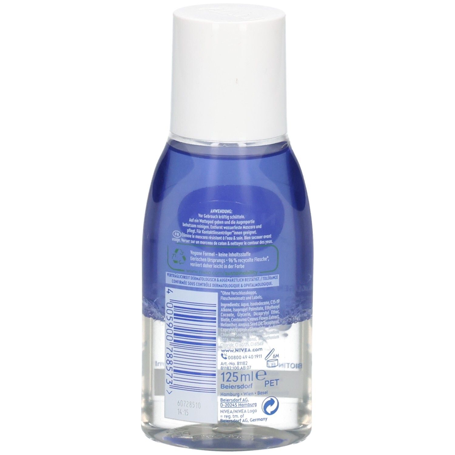 Vue arrière du flacon de démaquillant NIVEA. Flacon transparent avec contenu bleu et bouchon blanc. Texte et étiquettes.