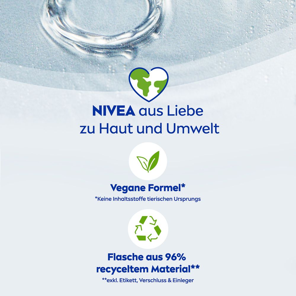 Logo NIVEA avec cœur et globe. Texte : Par amour pour la peau et l'environnement. Formule végane. Flacon 96% recyclé.