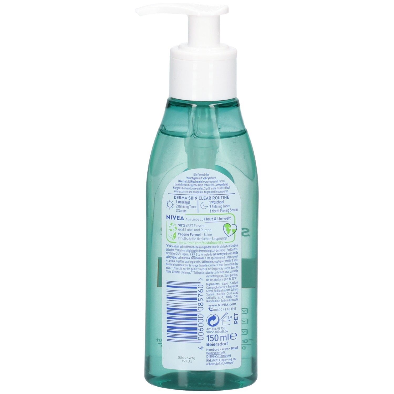 Vue arrière d'un flacon transparent avec gel bleu-vert. Pompe blanche. Étiquette avec informations produit et code-barres.