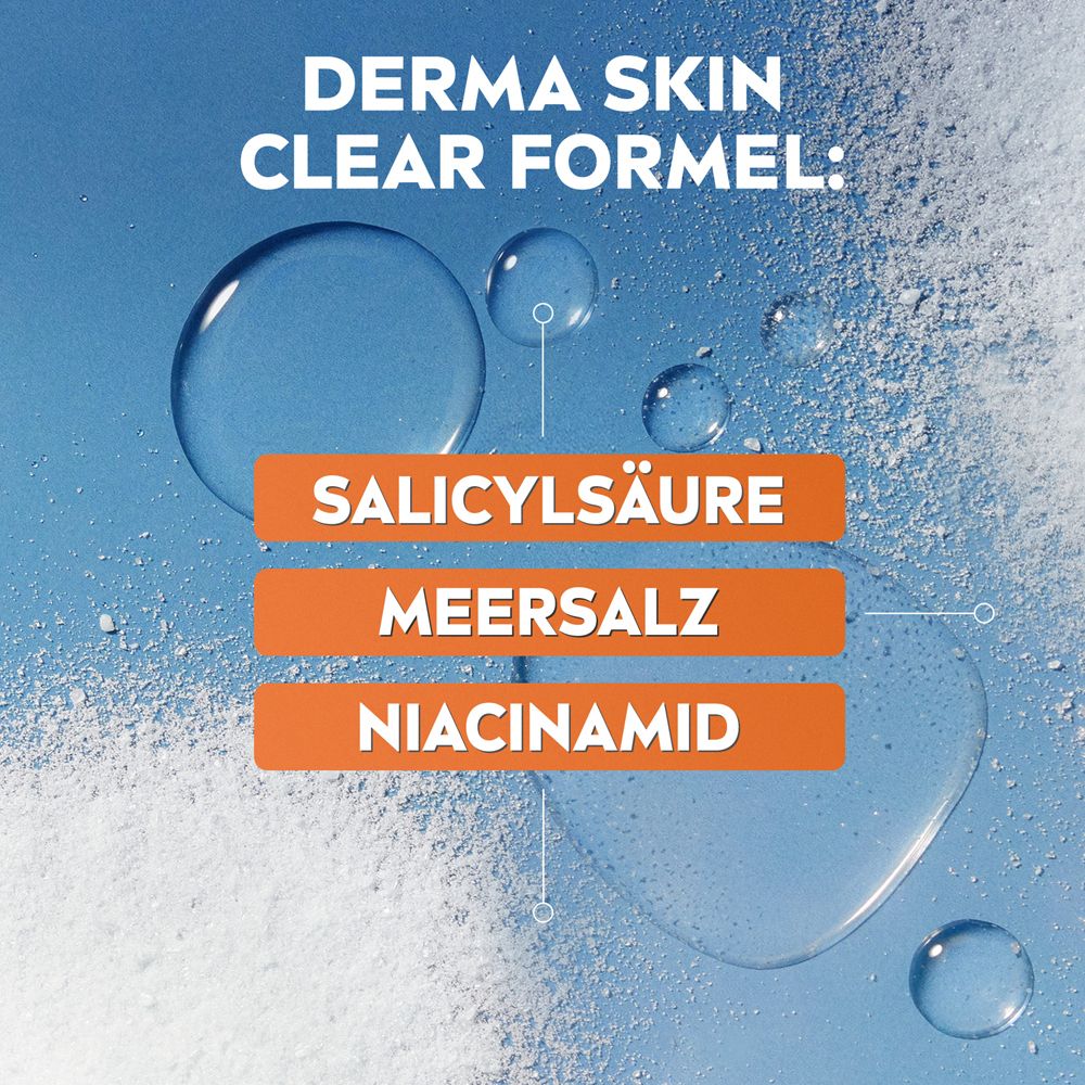 Gel nettoyant NIVEA DERMA SKIN CLEAR dans une bouteille transparente avec pompe. Contient de l'acide salicylique, du sel marin et du niacinamide.