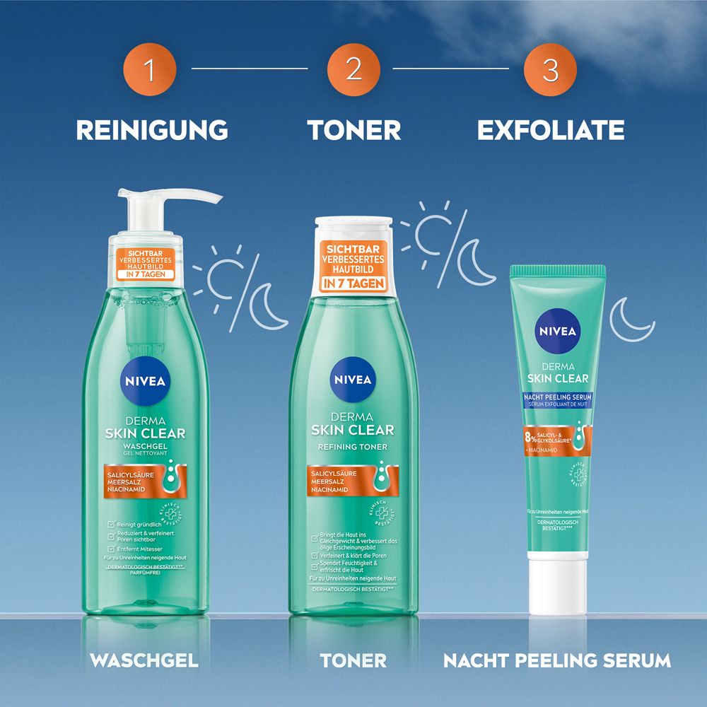 Gel nettoyant NIVEA DERMA SKIN CLEAR dans une bouteille transparente avec pompe. Contient de l'acide salicylique, du sel marin et du niacinamide.